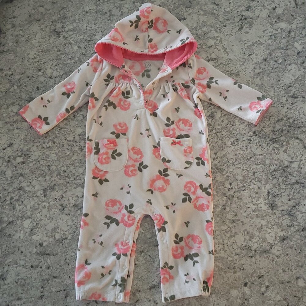 Just One You Carter’s 12M Floral Hooded Fleece Romper Baby Girl Pink Roses